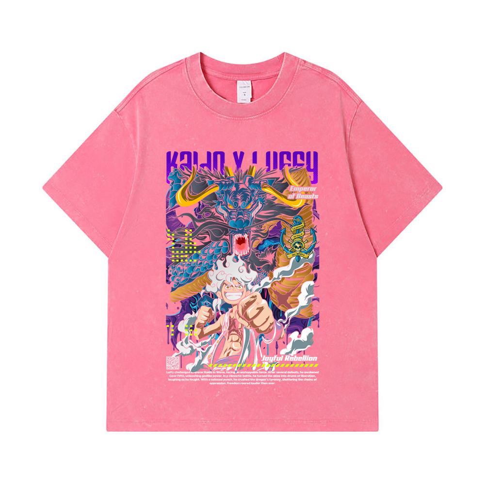 275 GSM Washed T-shirts 100% Cotton One Piece V35 Luffy Kaido Print Unisex Heavy Cotton T Shirt