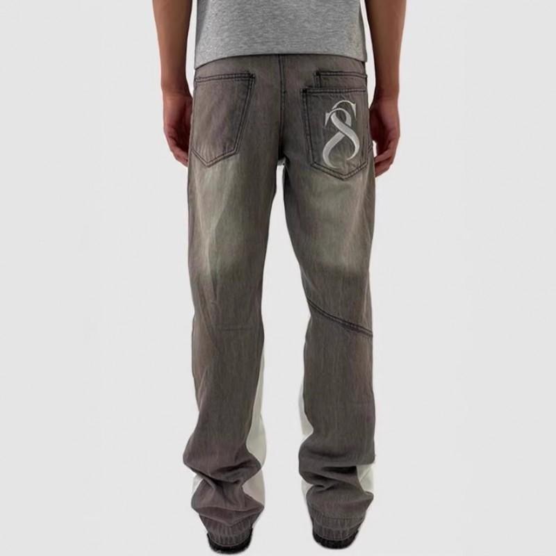 Mens Relaxed Fit Straight Leg Denim Jeans With Washed Vintage Patchwork Design Casual Streetwear Trousers