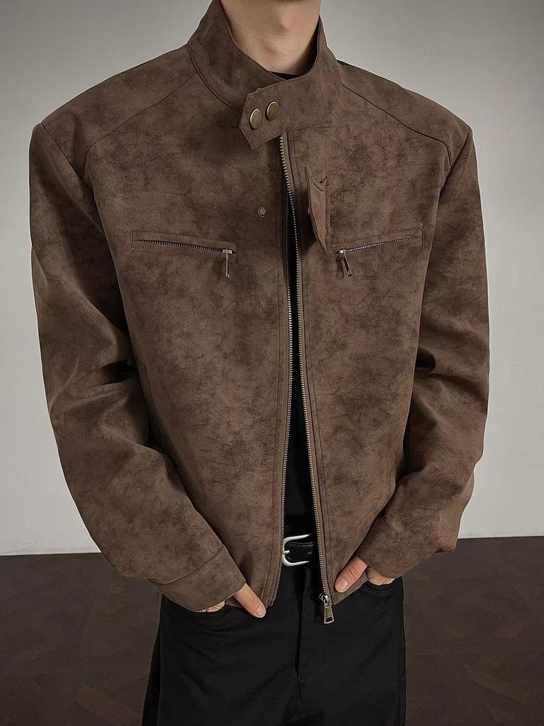 American Retro PU Leather Stand Collar Motorcycle Jacket for Men - Clean Fit, Casual, Versatile.
