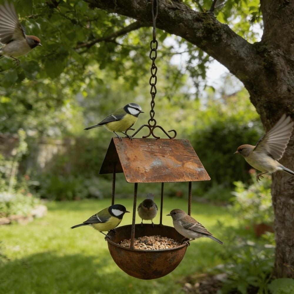 Rusty Iron Automatic Feeding Station Vintage Bird Food Container  Outdoor Garden