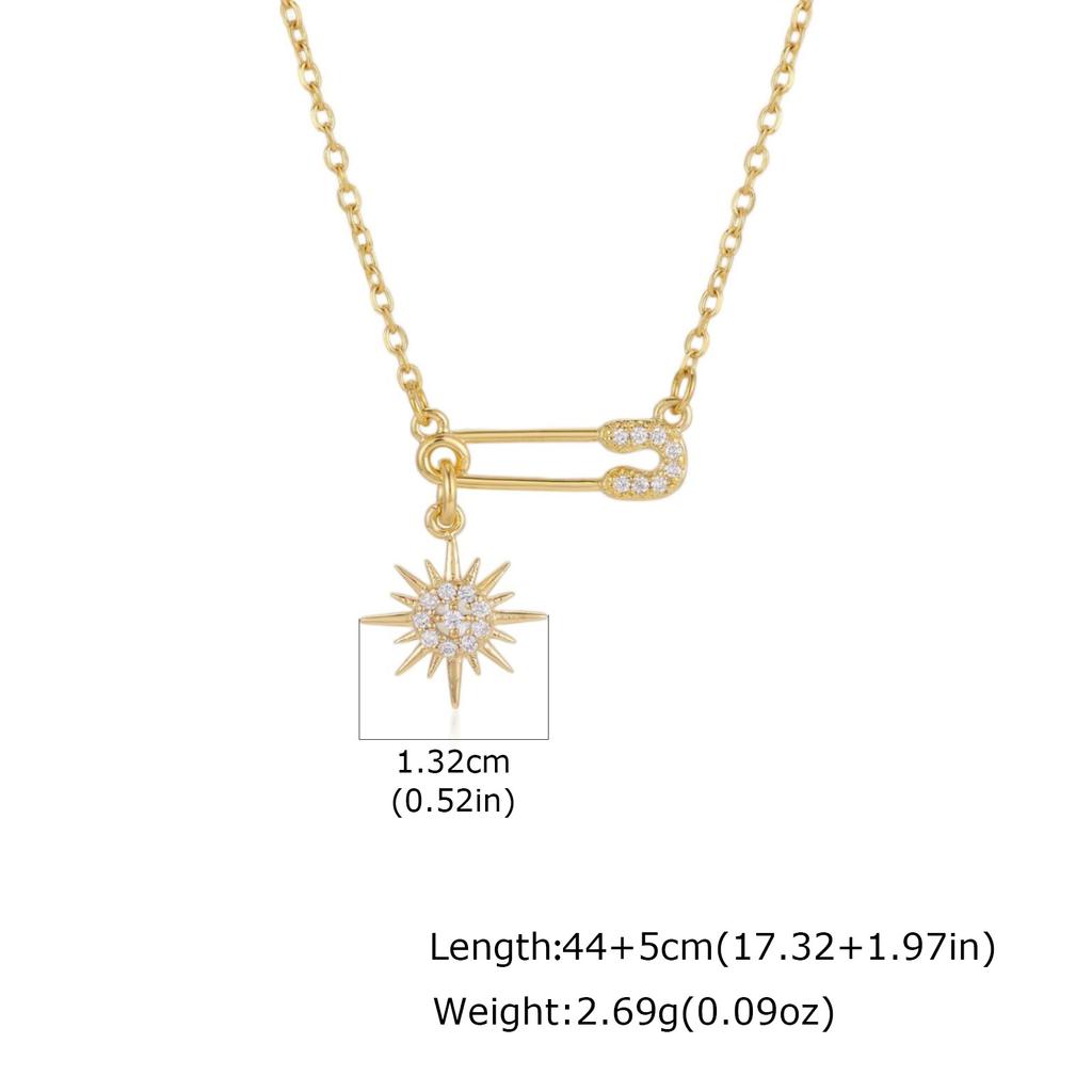 Safety Pin Necklace Pave CZ Star Moon Sun Charms Pendant Jewelry for Women