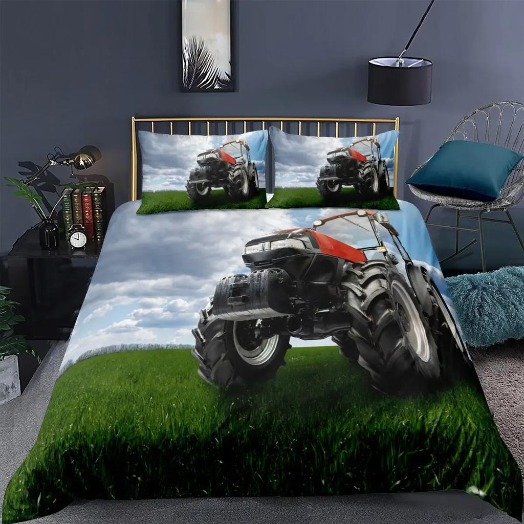 Retro Tractor King Queen Duvet Cover Automotive Bedding Set Engineering Vehicle Quilt Cover Farm Tool Cart 3D Polyester Quilt Cover