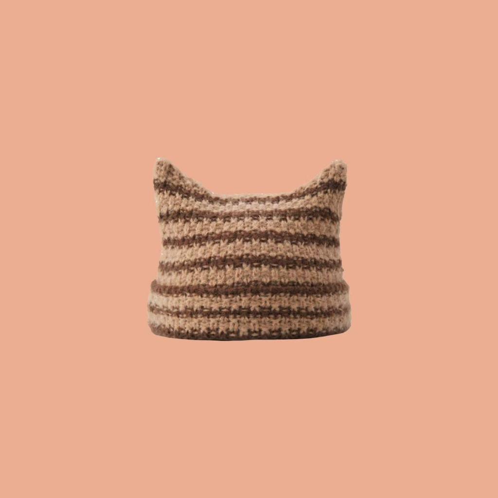 Korean Style Knitted Kitten Ears Beanie - Striped, Warm, Unisex Wool Hat for Students