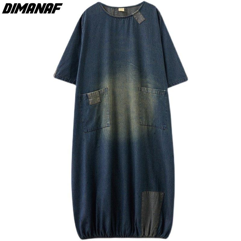 DIMANAF Plus Size Women 2025 New Dress Denim Autumn Long Sleeve Vintage Dress Long Dress Loose Dress Blue Basic Dresses