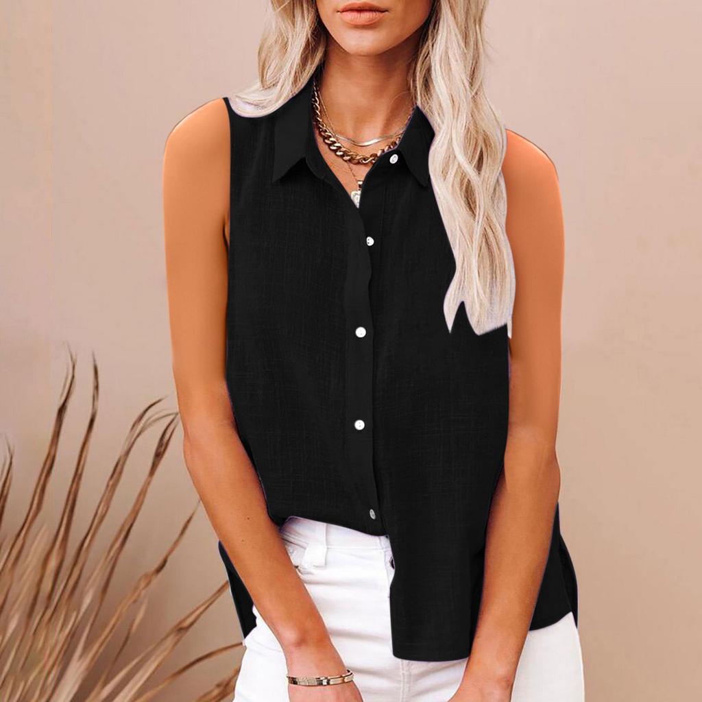 2025 European and American summer popular lapel cotton and linen buttons, sleeveless shirts women's clothing, shirts