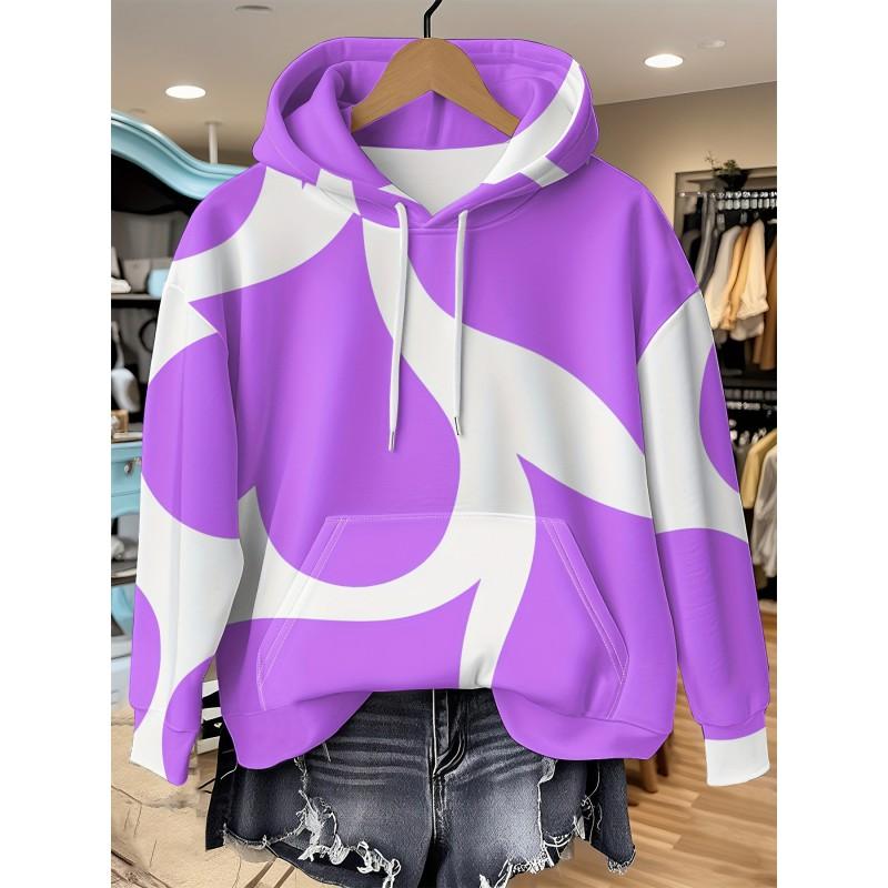 Womens Relaxed Fit Hooded Long Sleeve Sweatshirt With 3D Floral Plaid Print Breathable Comfort Casual Top