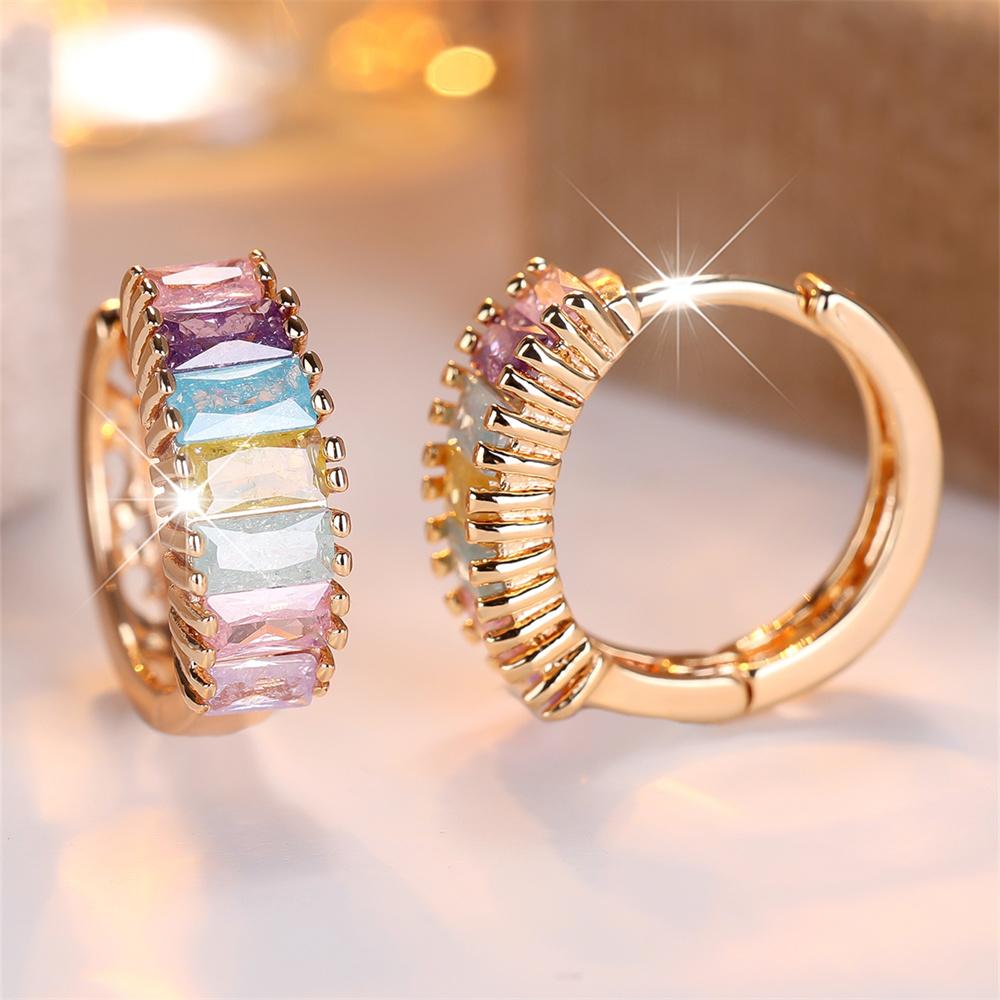 Square Stone Multicolor Ice Flower Zircon Hoop Earrings For Women Vintage Gold Color Ear Buckle Wedding Jewelry Versatile Gifts