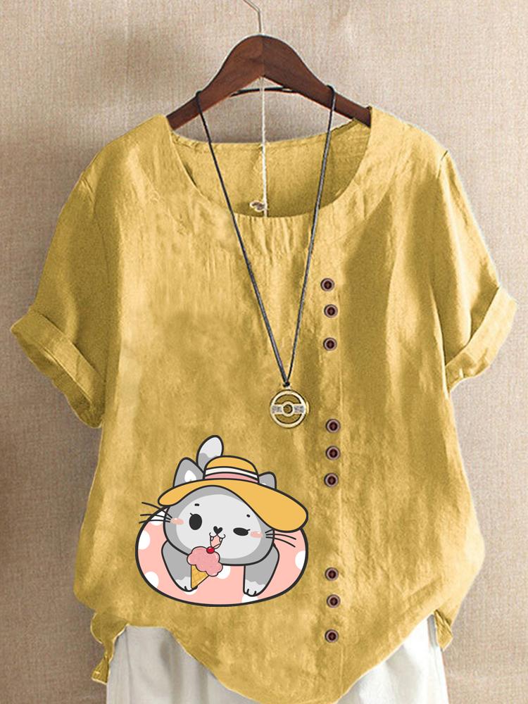 Women's Fashion Cat Print Shot Sleeve T-shirt Loose Cotton Shirt Casual Loose Summer Blouse Tops Plus Size
