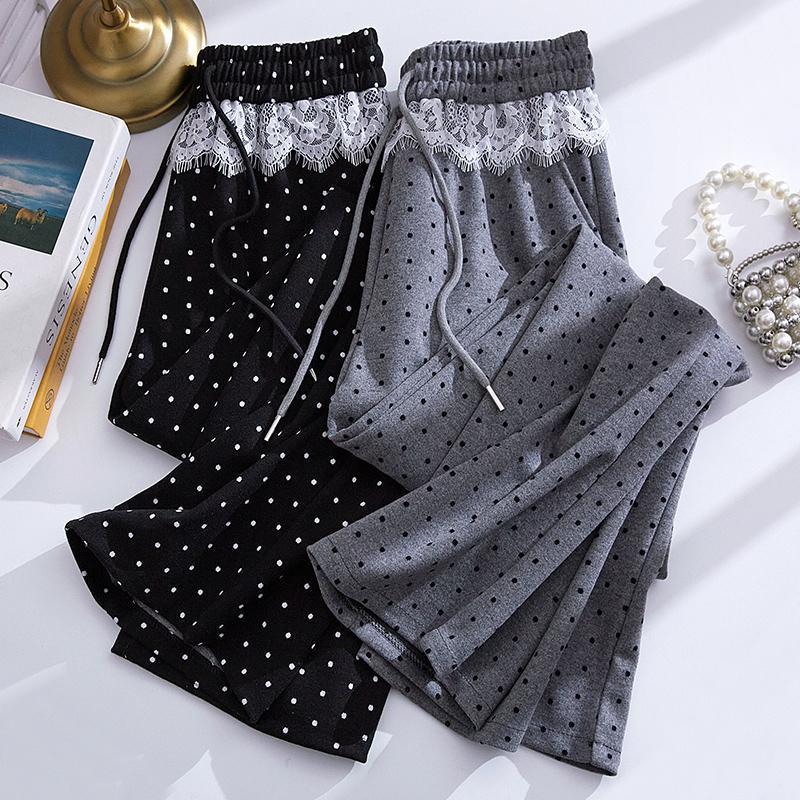 Women's High Waist Polka Dot Wide Leg Pants with Lace Trim - 2025 Spring Collection
