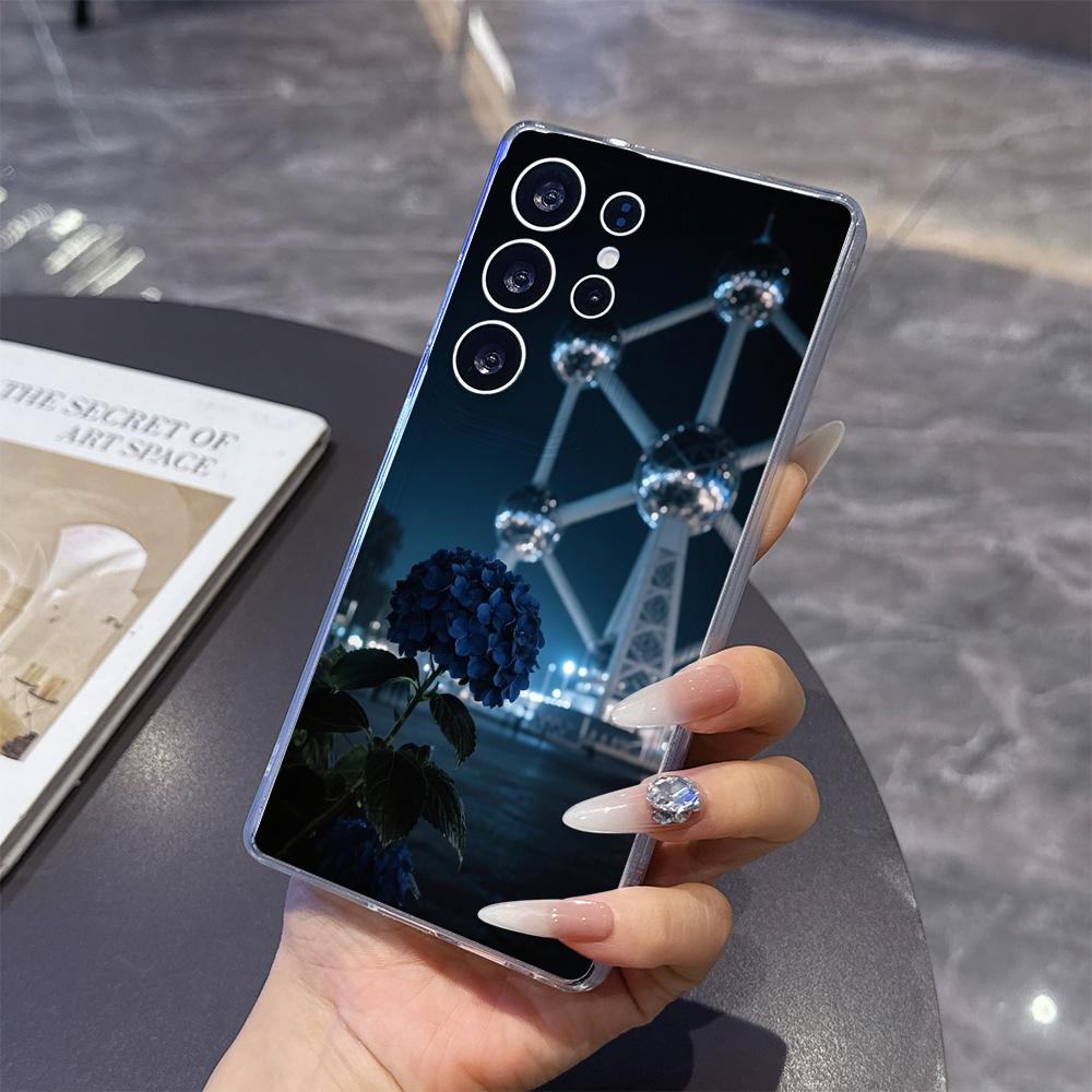 Atomium and Blue Hydrangea Phone Case for Samsung Galaxy S26 S25 S24 S23 S22 S21 S20 FE Plus Lucency TPU Protection Cover