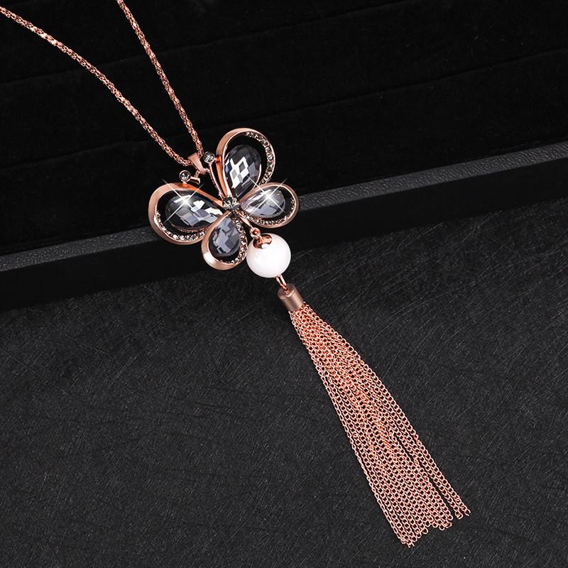 Elegant Korean Style Butterfly Sweater Necklace With Pearl Tassels For Women