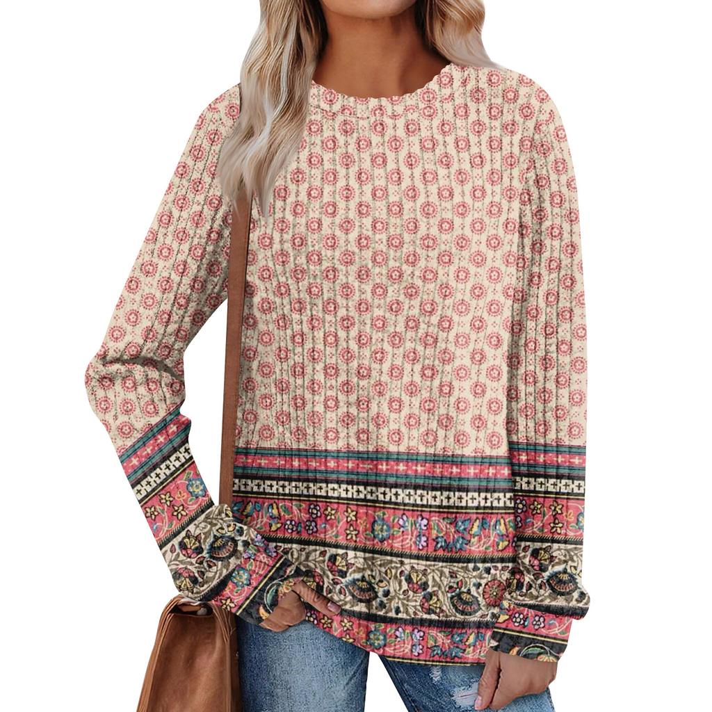 Women's Printed Lightweight Brushed-Cotton Round Neck Top