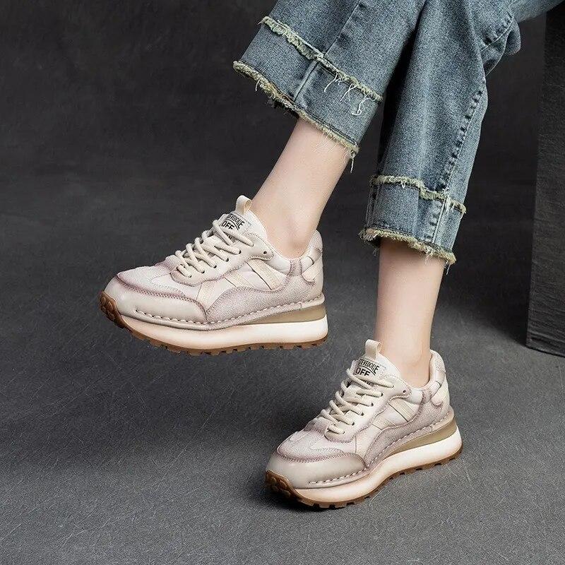 Johnature Genuine Leather Sneakers Casual Sports Shoes Round Toe Lacd-up Retro Versatile Women's Flat Shoes