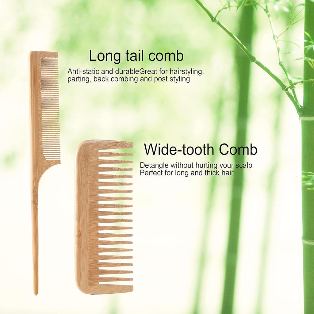Bamboo Hair Brush and Comb Set - Eco-Friendly Anti-Static Detangling Brush and Combs for Women and Men, Massage Wooden Brushes for Thick, Thin,
