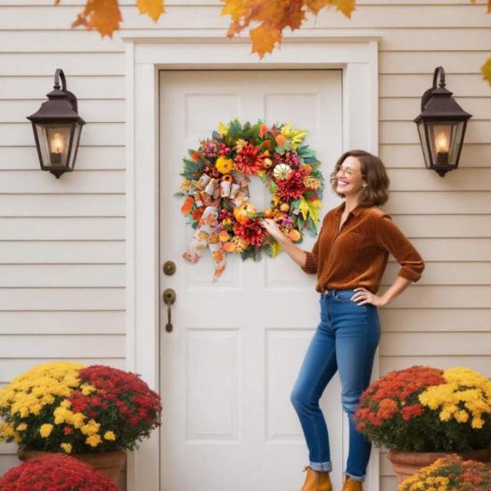 18 Inch Fall Wreath for Front Door Artificial Pumpkin Wreath with Dahlia Berries And Bow Large Autumn Wreath for Thanksgiving Farmhouse Indoor