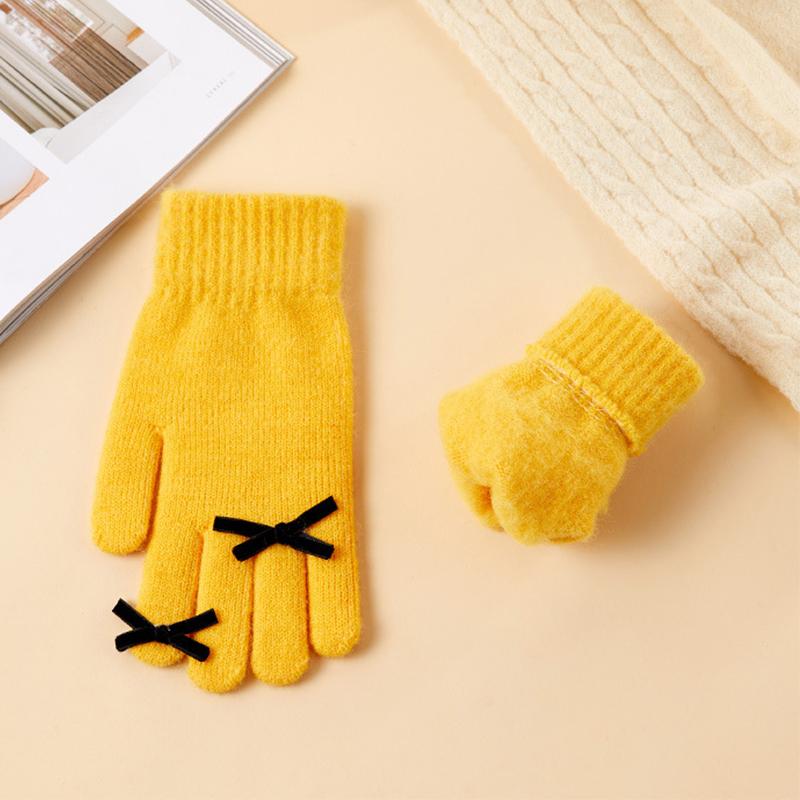 Five-finger Solid Color Warm Knitted Gloves for Women Bow-knot Cold-proof Gloves
