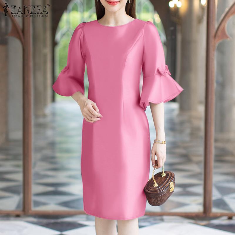

ZANZEA Womens Summer Flare 3/4 Sleeve Solid Color Casual Dress S камео розовый