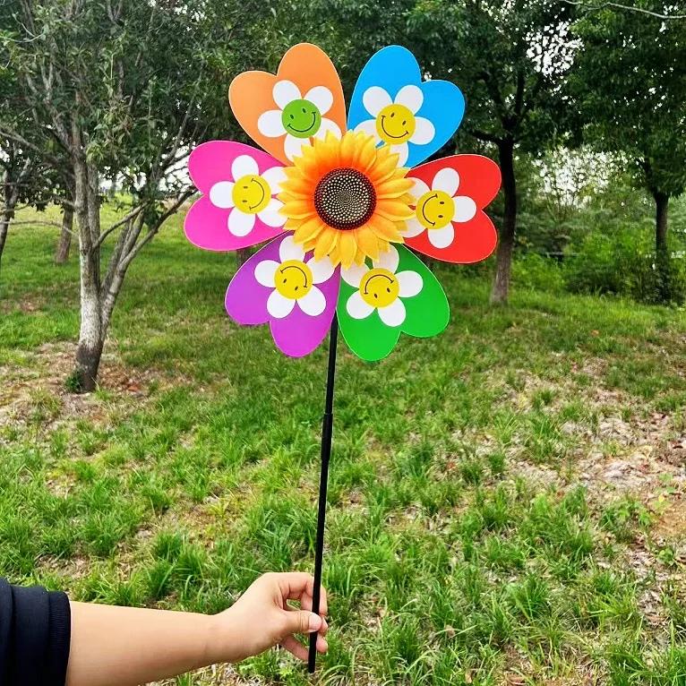 Outdoor Garden Sunflower Wind Spinner Colorful Rotating Pinwheel Stake for Yard Lawn Decor