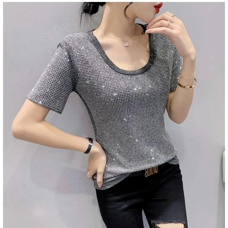 Summer Streetwear Girl Luxury Hot Drill Slim Fit T-Shirt Fashion Temperament O-Neck Short Sleeve Shiny Diamonds Women Tees Tops
