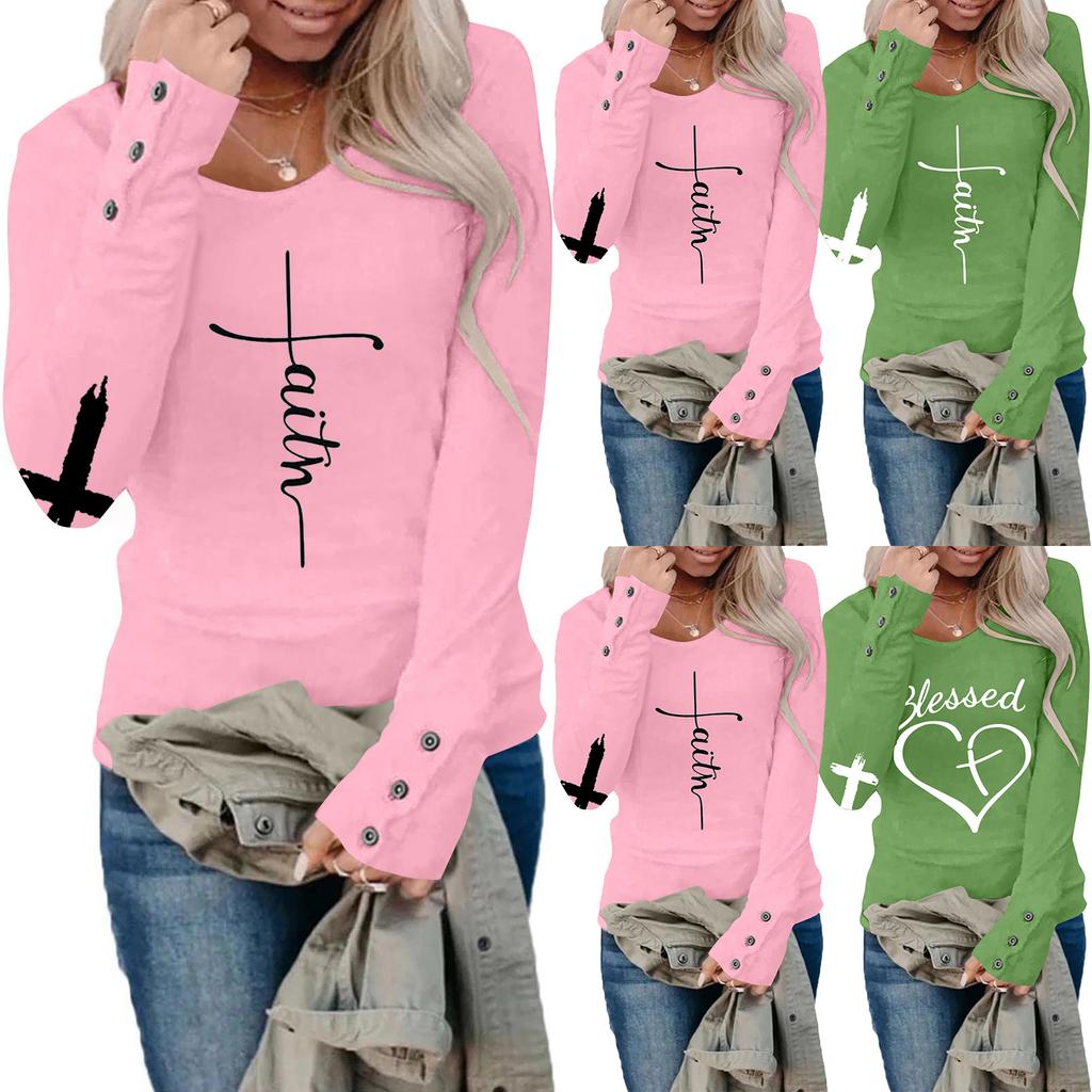Tshirts For Women Long Sleeve,Round Sleeve Vertical Cross Casual Graphic Shirt,