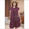 Solid Color Linen Summer Suit: Trendy Round Neck T-shirt + Shorts Two-Piece Set for Moms.