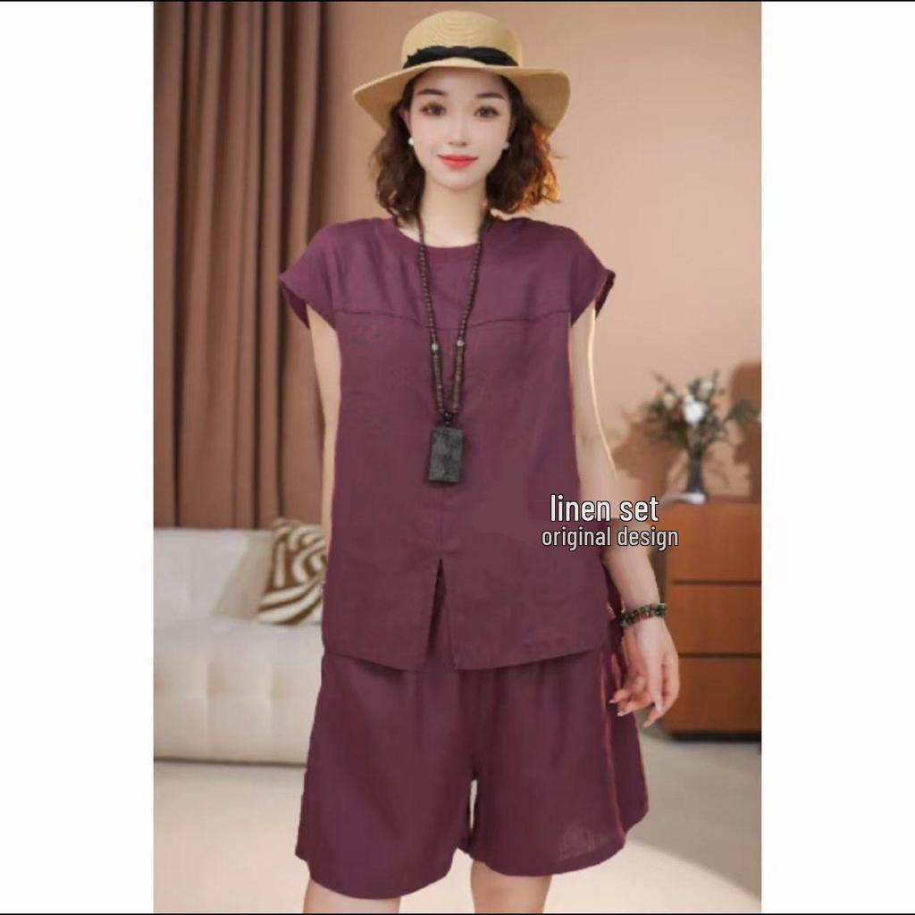 Solid Color Linen Summer Suit: Trendy Round Neck T-shirt + Shorts Two-Piece Set for Moms.