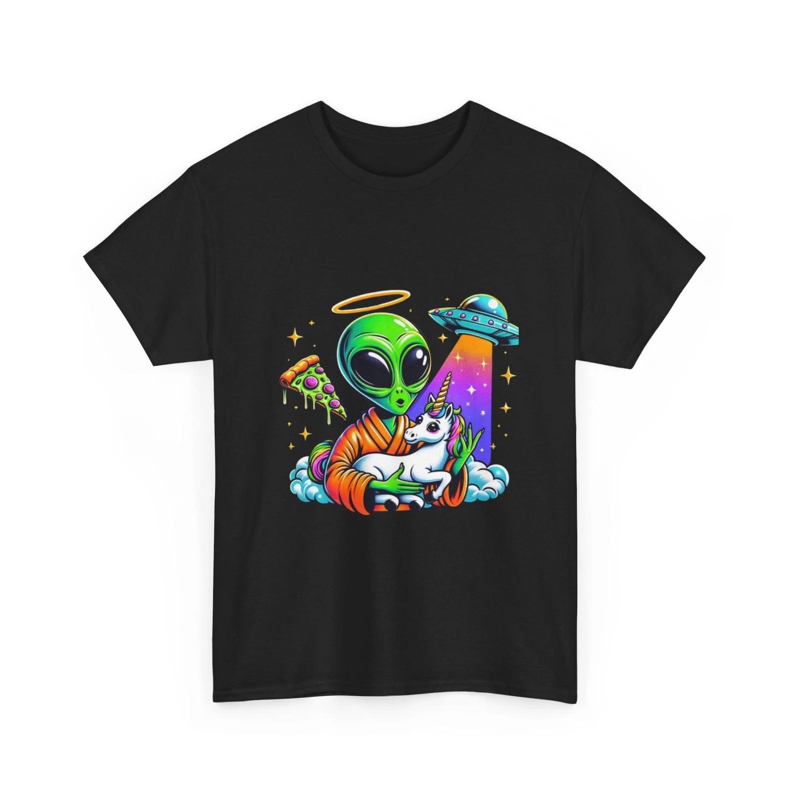 Alien Angel Holding Unicorn T-Shirt UFO Rainbow Beam Cute Space Art Graphic Tee XL