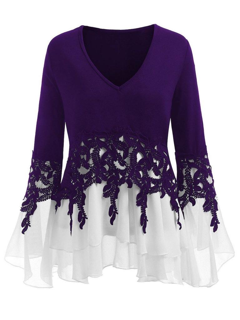 Elegant Women Ladies Long Sleeve V Neck Patchwork Tunic Tops For Casual Comfort