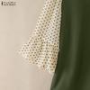 ZANZEA Women Casual Round Neck Polka Dot Print Splice 3/4 Sleeve Loose Blouse