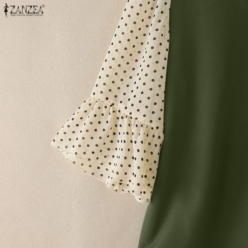 ZANZEA Women Casual Round Neck Polka Dot Print Splice 3/4 Sleeve Loose Blouse
