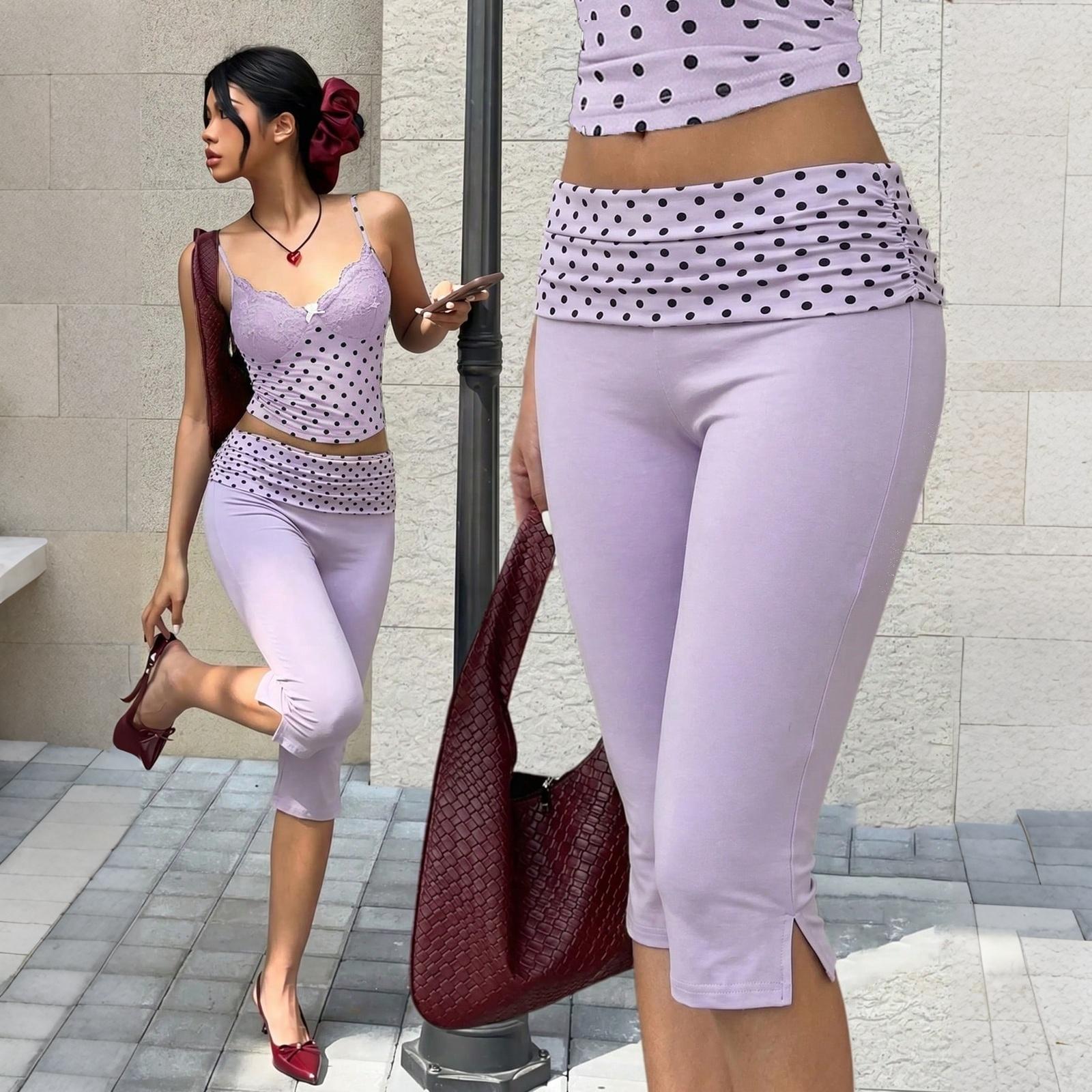 

Women s Slim Fit Capris Pants with Polka Dot Print and Ruched Detailing Stretchy Cropped Trousers for Casual Wear XL фіолетовий