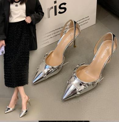 Fashion Shiny High Heels Slingback Silver Women Pumps Metallic Crystal Sandals Pointy Toe Stiletto Heeled Shoes Party Dress Shoes Woman
