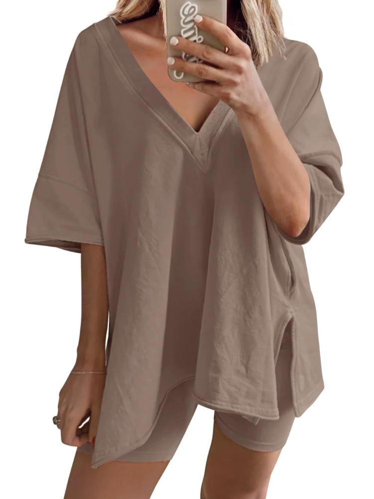 

Женский комплект с V-образным вырезом, топ свободного кроя с короткими рукавами и подходящие шорты, 6 вариантов цвета XL темно-коричневого