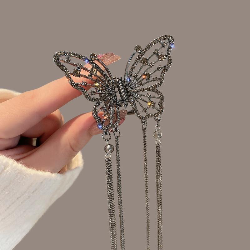 Trend Full Rhinestone Hollowed Out Butterfly Hair Clips Retro Pearl Tassel Ribbon Hair Claws Hairpins For Women Hair Accessories