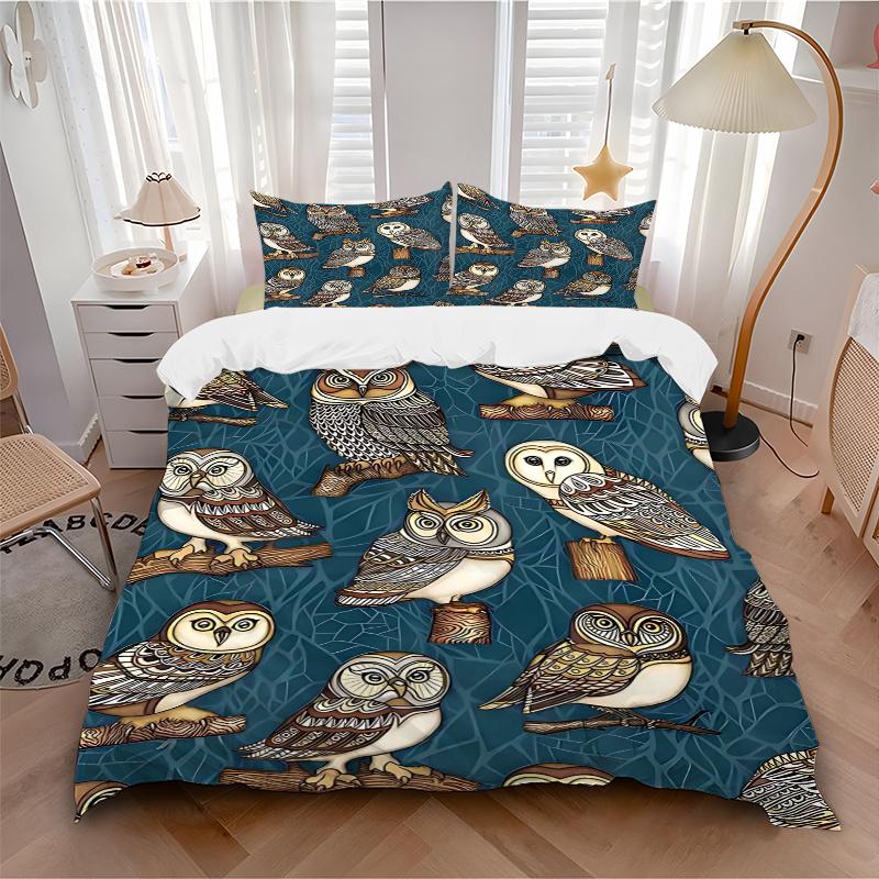 

3pcs Anime Owl Comforter Set with Two Pillowcases (No Core), Home Decor, Festive Gift, Polyester Fabric, Anime Cartoon Design 135x200cm