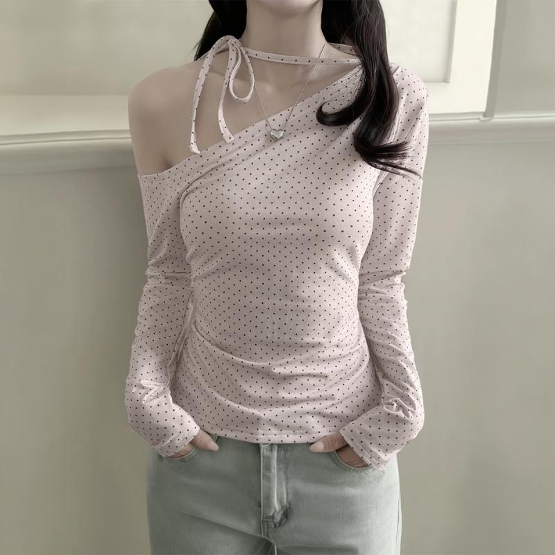 2026 Spring New Asymmetrical Shoulder Polka Dot Sweet Long Sleeve T-Shirt Women's Casual Top