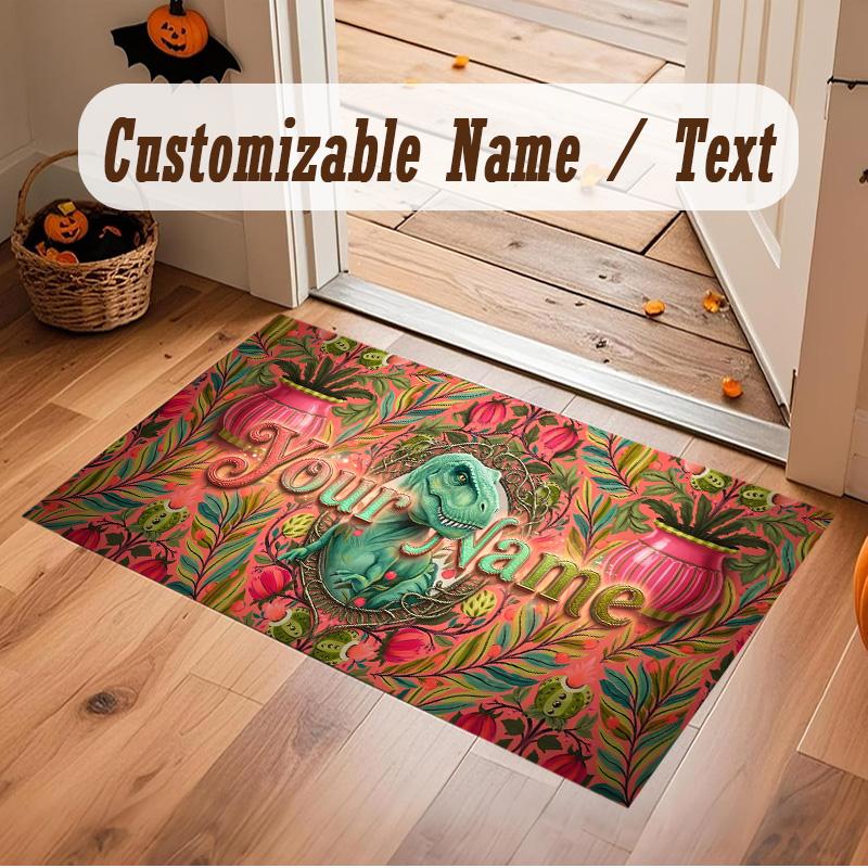 Dinosaur Theme Soft Crystal Velvet Rug Custom Name & Text Print Non Slip Floor Rug for Bedroom Living Room