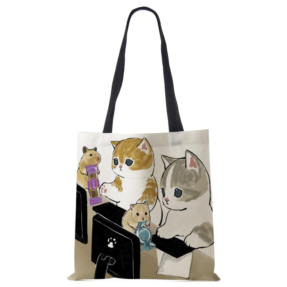 Cat Cartoon Canvas Shoulder Bag Women Print Harajuku Casual Shopping Tote Bag Reusable Large Capacity Folding Handbag CLE