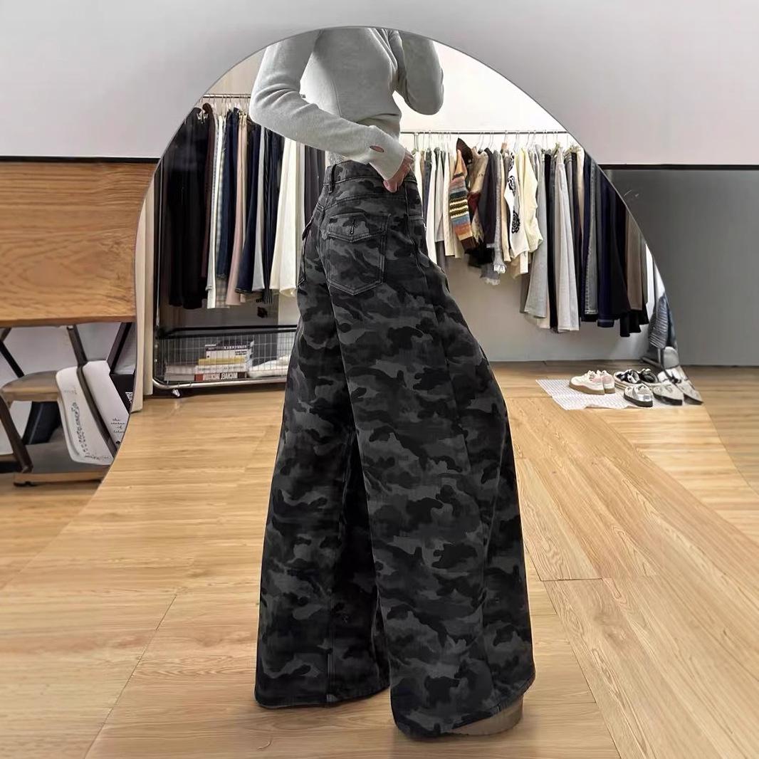 

Petite Retro Camouflage High Waist Wide Leg Jeans for Women - Autumn Loose Slimming Drapey Floor-Length Pants XXL