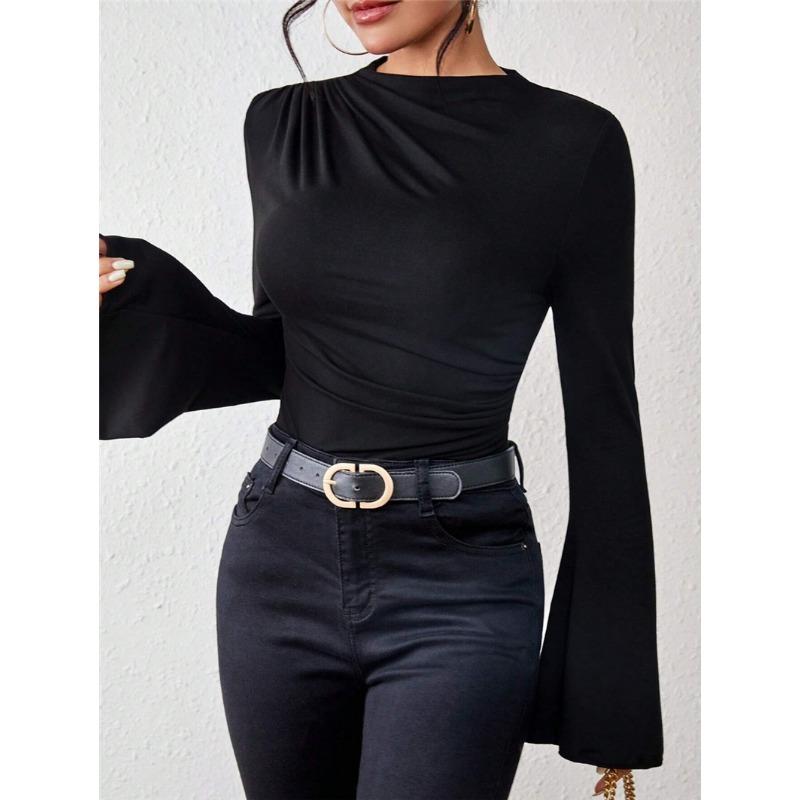 Herbst Neues Vielseitiges Raffdesign Glockenärmel Stehkragen Schlanke Passform Damen-T-Shirt