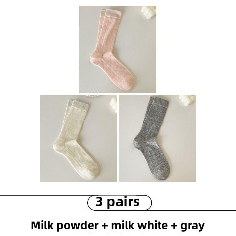 3 Paar Damen Sommer Dünn Vertikale Streifen Hohl Unifarben Alle Bauen Hohe Röhren Stapelsocken