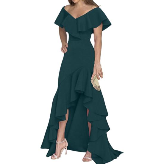Women Evening Dress Ruffle Patchwork V Neck Slim Fit Irregular Hem Sleeveless Floor Length Pure Color Ball Gown Party Banquet Maxi Dress