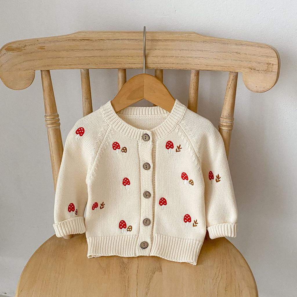 Adorable Baby Girl Mushroom Embroidered Cardigan and Sleeveless Romper Set for Spring Autumn