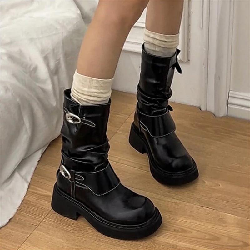 

Женские ботинки, ретро-ботфорты 2024, новая коллекция весна-осень, универсальные модные ботинки с круглым носком, с пряжкой на ремне, на низком каблуке, Botas Mujer 35 чёрный