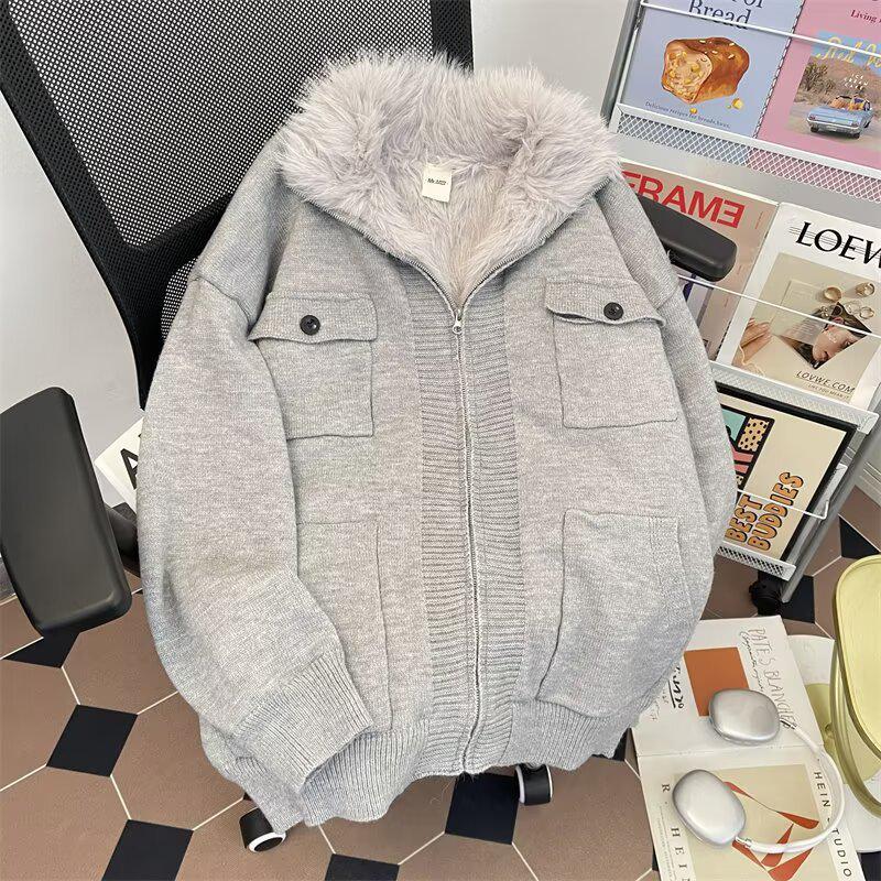 2026 Höst/Vinter Herrarbetsklädesstil Ståkrage Blixtlås Cardigan med Pälskrage