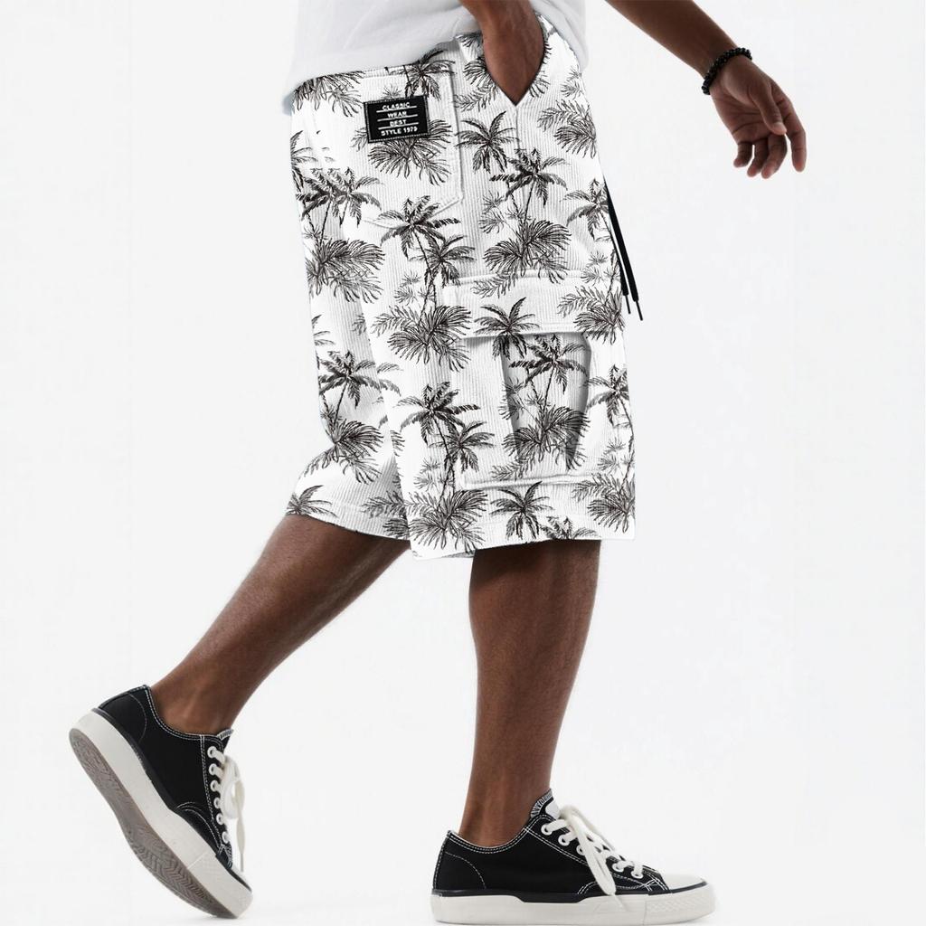 Men's Hawaiian Print Drawstring Knee Length Shorts with Multiple Pockets, Casual