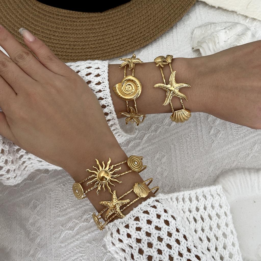 Summer Ocean Starfish Turtle Sun Shell Bracelets for Women Stainless Steel Sunlit Vibes Vacation Resort Holiday Jewelry Gifts