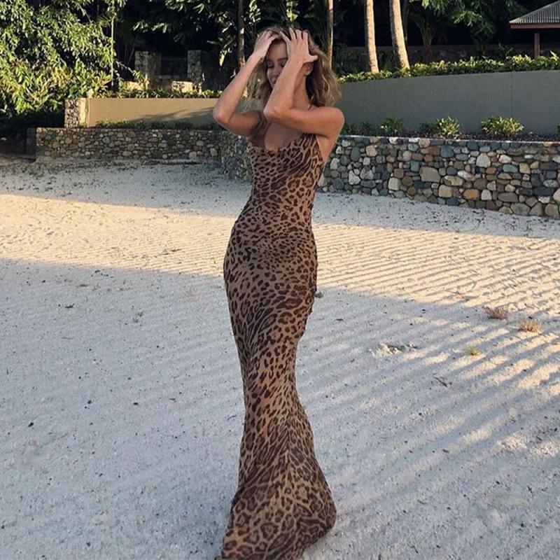 

Spring and summer new long dress suspender leaking back sexy elegant slim leopard print dress XL