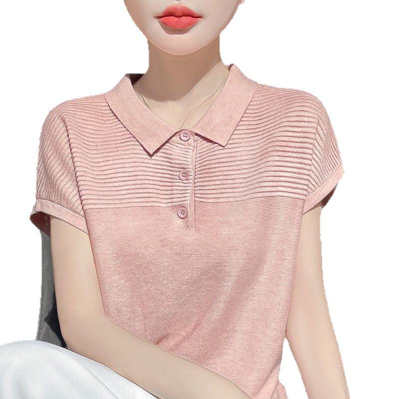 Women's Polo Collar Wool Knit Short Sleeve Casual T-Shirt for Spring/Summer