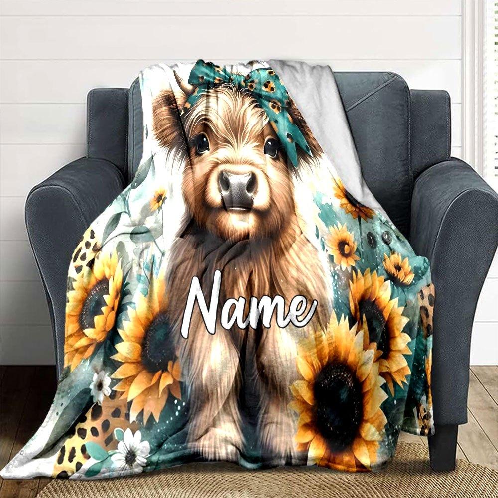 Cute Cow With Sunflowers And Bow Cozy Customizable Blanket Customize Text Comfortable Great For Sofa Couch Office Bed Picnics Four Seasons Universal